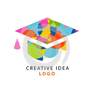 Creative idea logo template with flat icon of graduate s cap. Educational business company, children learning and