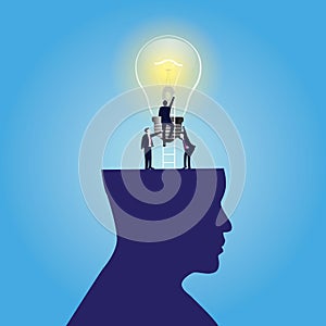 Creative idea mind concept, businessman having light bulb inside his head, innovation in business