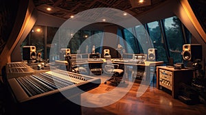 Creative idea of modern audio recording studio, Mixing Board Create Modern Sound, Audio monitors and studio setup