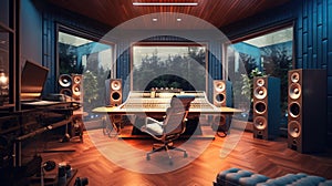 Creative idea of modern audio recording studio, Mixing Board Create Modern Sound, Audio monitors and studio setup