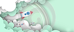 Creative idea. Paper art style illustration of rocket flying over cloud and startup business success Concept on Green. paper craft