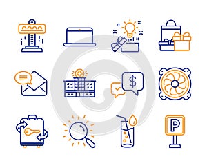 Creative idea, Payment received and Computer fan icons set. Laptop, Luggage and Hospital building signs. Vector