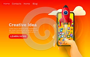 Creative idea rocket space, mobile start-up, web site banner design. Vector