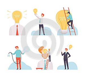 Creative Idea Searching with Business Man with Light Bulb Vector Set