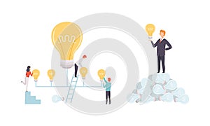 Creative Idea Searching with Business Man and Woman with Huge Light Bulb Vector Set