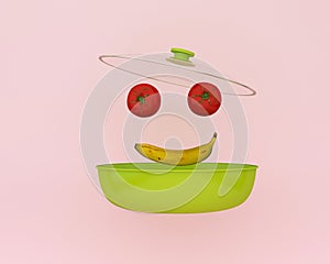 Creative idea smile made of tomatos and banana floating on pink color background with opening cooking pot. minimal food idea. An i