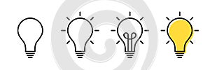 Creative idea and solution concept, light bulb in outline style. Set of electric lamps with rays. Knowledge, problem solution,