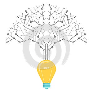 Creative idea. The tech tree grew out of a light bulb. Vector illustration.