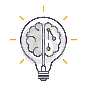 Creative Idea Thin Line Icon. Brain in lightbulb innovation logo. Vector Illustration
