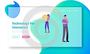 Creative Idea Website Landing Page. Young Woman Holding Huge Glowing Light Bulb, Man Stand in Thinking Posture