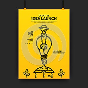 Creative ideas and innovation concept with light bulb rocket launching out of the box poster, Start up idea background