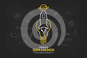 Creative ideas with light bulb and rocket launching to space background, Start up idea concept