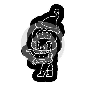 cartoon icon of a big brain alien crying and pointing wearing santa hat