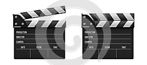 Creative illustration of 3d realistic movie clapperboard, film clapper isolated on background. Art design cinema slate board