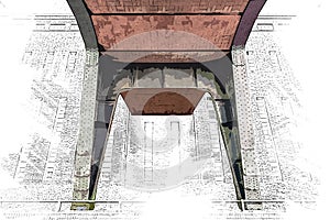 Creative Illustration - Brick and Steel Pillar of a Bridge, in front of a Brick Building - Digital Painting