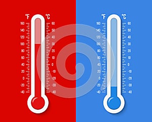 Creative illustration of celsius, fahrenheit meteorology thermometers scale isolated on background. Heat, hot, cold signs.