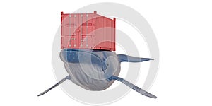 Creative illustration, Container on Blue whale, 3D rendering. 3D illustration