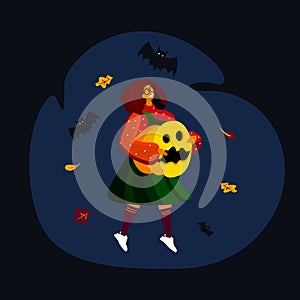 Creative illustration with cute small witch children with evil pumpkin and cartoon bat