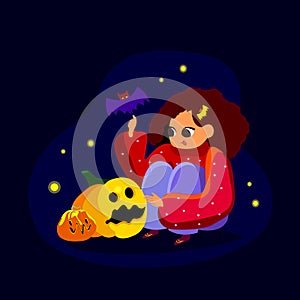 Creative illustration with cute small witch children with evil pumpkin and cartoon bat.