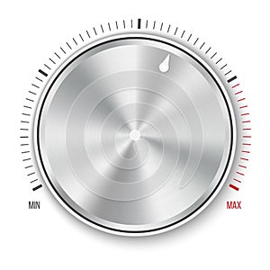 Creative illustration of dial knob level technology settings, music metal button with circular processing isolated on backg