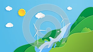 Creative illustration ecology and environment conservation concept in paper cut style. Green Eco energy system with nature