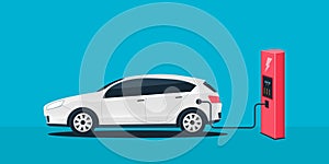 Creative illustration of electric charging future car, charger station isolated on background. Art design electromobility e-motion