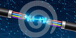 Creative illustration of electric glowing lightning between colored break cable, copper wires with circuit sparks isolated on