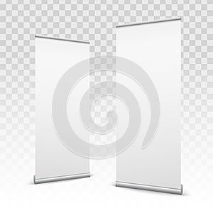 Creative illustration of empty roll up banners with paper canvas texture on transparent background. Art design bla