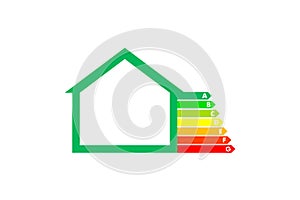 Creative illustration of house energy efficiency rating ecology green home improvement concept. House shape with energy.