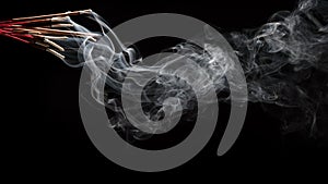 Creative illustration of incense stick aroma with smoke isolated on black background