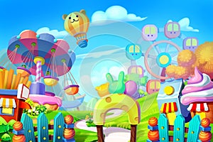 Creative Illustration and Innovative Art: Background Set: Colorful Playground, Amusement Park. photo