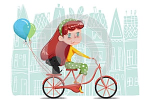 Creative Illustration and Innovative Art: Girl Riding Her Bicycle Touring around the World with Her Little Dog. photo