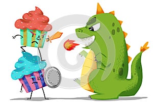 Creative Illustration and Innovative Art: Ice Cream Guardians Fight with Dinosaur Monster. photo