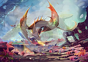 Creative Illustration and Innovative Art: Knight fights with Dragon in Treasure Land.