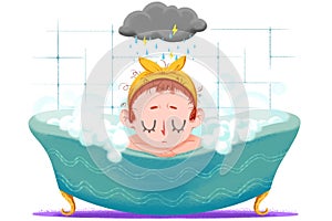 Creative Illustration and Innovative Art: Small Girl is Taking Bath in the Tub.