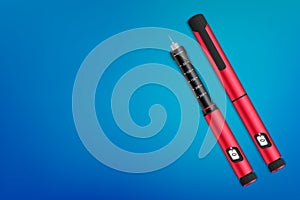 Creative illustration of insuline pens equipment and glucose level blood test for diabetics on background. Art design treatment