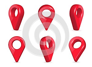 Creative illustration of locator, pin realistic 3d map pointers in various angle isolated on background. Art design location