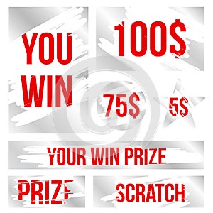 Creative illustration of lottery scratch and win game card isolated on background. Coupon luck or lose chance. Art design ripped