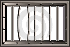 Creative illustration of metal realistic detailed prison bars window isolated on background. Art design jail break way out to