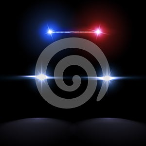 Creative illustration of police car silhouette headlights, blinking isolated on background. Glowing headlamp. Red, blue siren