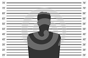 Creative illustration of police lineup, mugshot template with a table isolated on background. Art design silhouette of anonymous.