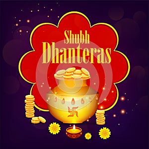 Creative illustration, poster or banner with decorated pot filled with gold coins of Happy dhanteras, diwali festival