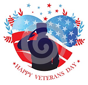 Creative illustration, poster or banner of Happy Veterans Day with USA flag background. Soldier salutes veterans