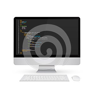 Creative illustration of programming HTML code on computer screen isolated on background. Art design website digital page.