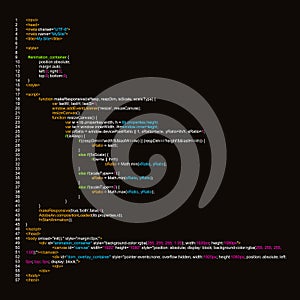 Creative illustration of programming HTML code on computer screen isolated on background. Art design website digital page. Program