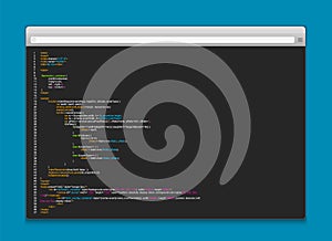 Creative illustration of programming HTML code on computer screen isolated on background. Art design website digital page. Program