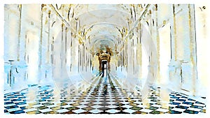 Creative illustration of Reggia di Venaria Reale gallery - Italy. Luxury marbles in baroque Palace