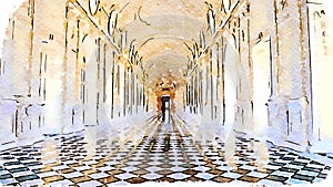 Creative illustration of Reggia di Venaria Reale gallery - Italy. Luxury marbles in baroque Palace