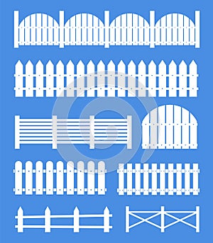 Creative illustration of rural wooden fences, pickets isolated on background. Art design. Garden silhouettes wall. Abstract