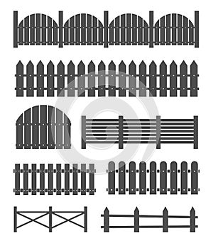 Creative illustration of rural wooden fences, pickets isolated on background. Art design. Garden silhouettes wall. Abstract